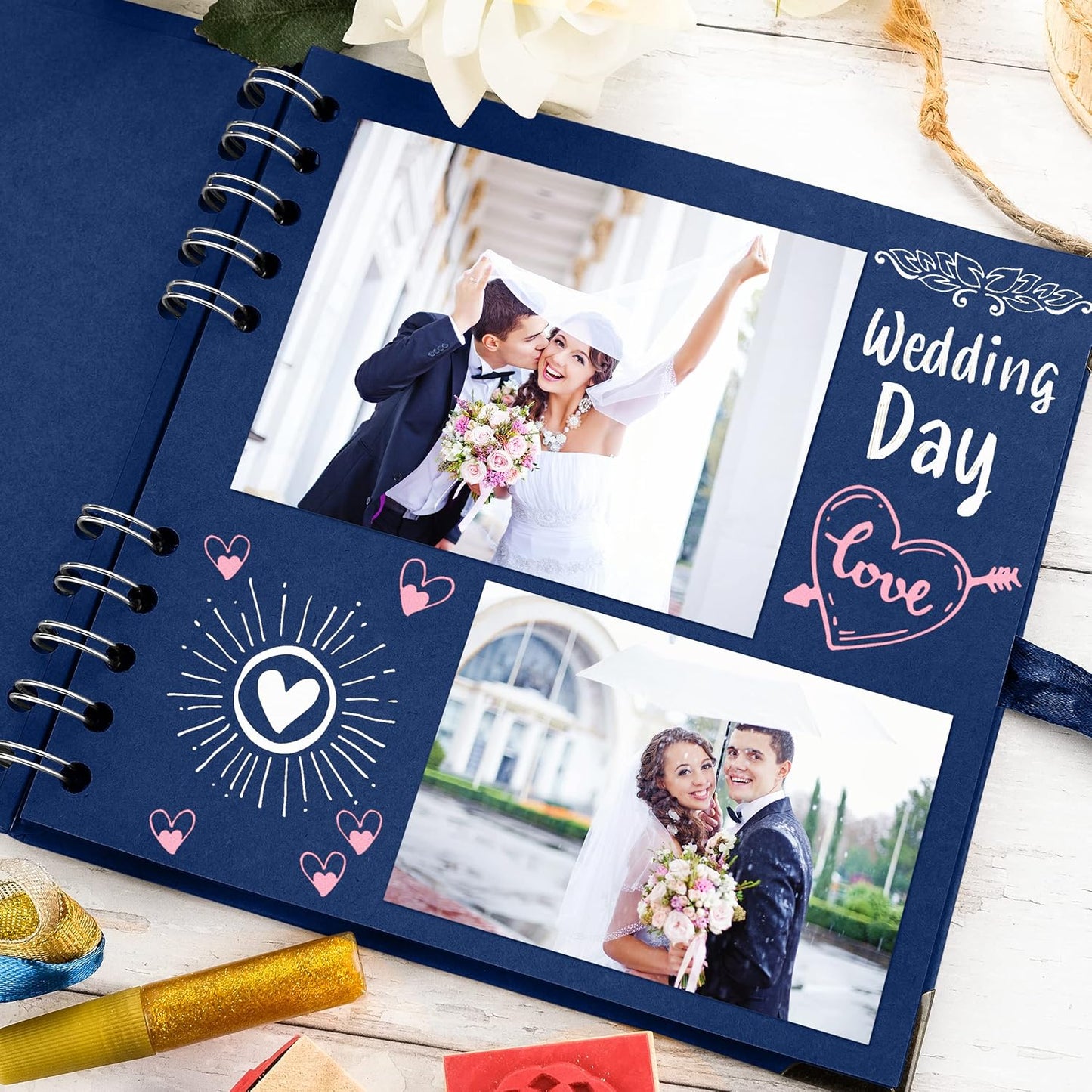 Bstorify Square Scrapbook Photo Albums 7 x 7 Inch Blue Hardcover with Ribbon Closure - Ideal for Scrapbooking, Art & Craft Projects