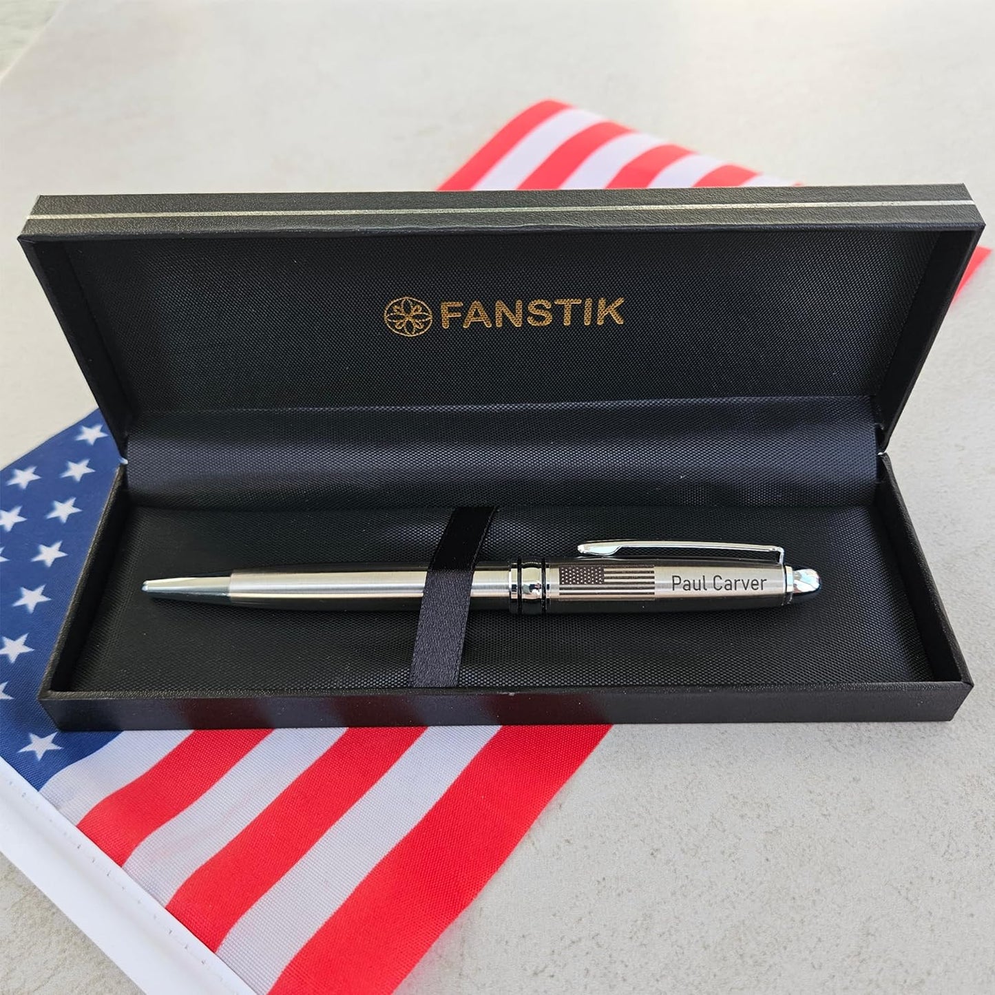 Customized BallPoint pen with name and US Flag (MADE IN USA), stainless steel, silver, luxury engraved pen personalized for men and for women. (BallPoint US-Flag)