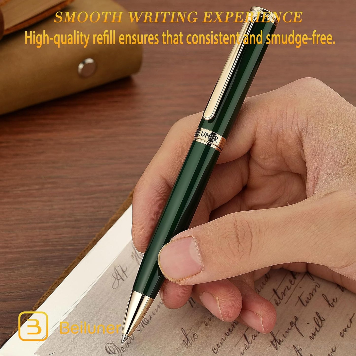 BEILUNER Luxury Gel Pen with 24K Gold Finish, Green Piano Lacquer, Luxury Grade Craftsmanship, Fancy Pen Gift Set for Men and Women, Graduation Gift, Executive, Office, Retractable, Nice Pen Set