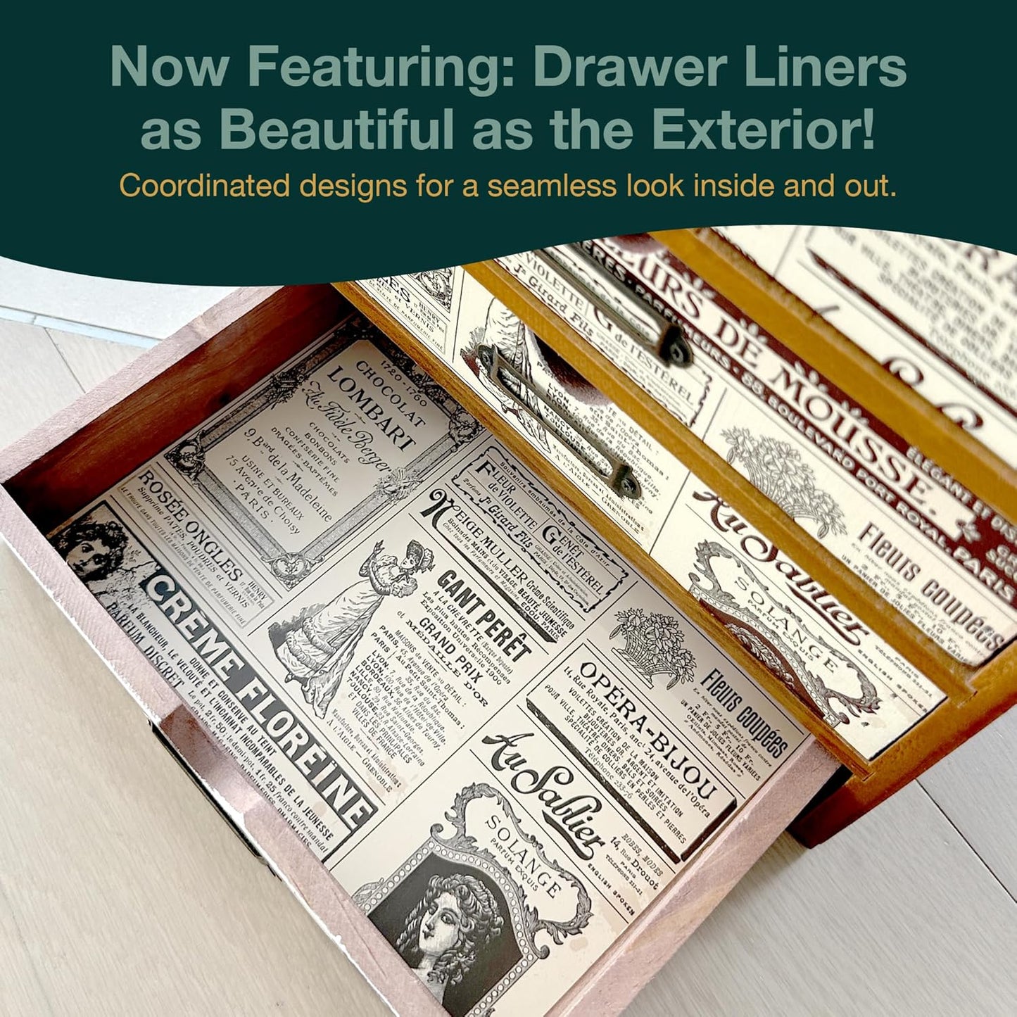 4-Drawer Vintage Ephemera Pattern Desktop Organizer - Arts and Craft Newspaper Design Desk Storage Cabinet - Ephemera Wood Shelf Drawers with Label Holders - Scrapbook Collecting