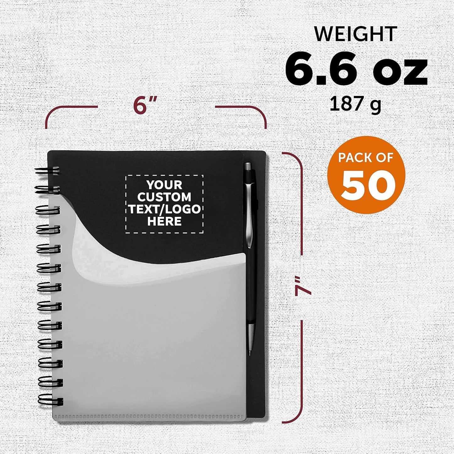 DISCOUNT PROMOS Custom Spiral Notebooks with Front Pocket Set of 50, Personalized Bulk Pack - Durable Plastic Cover, Includes Matching Pen in Blank Ink, Perfect for School, Office, Home - Black