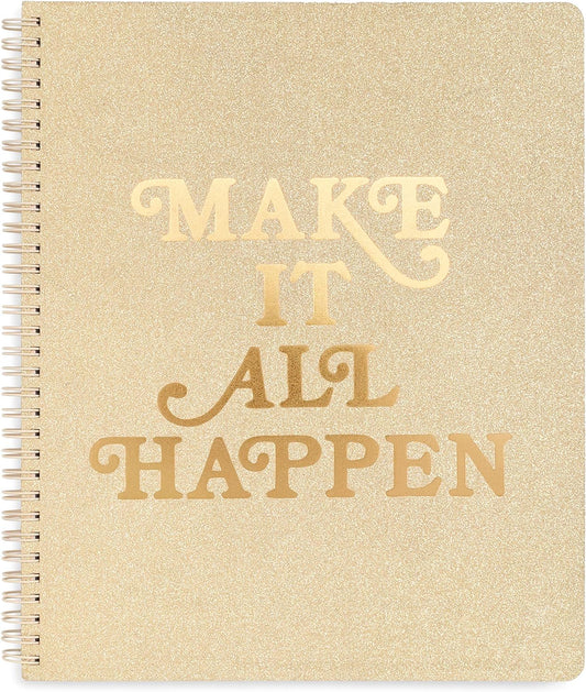 ban.do Rough Draft Large Spiral Notebook with Saying, 11" x 9" with Pockets and 160 College Ruled Pages, Make It All Happen (gold glitter)