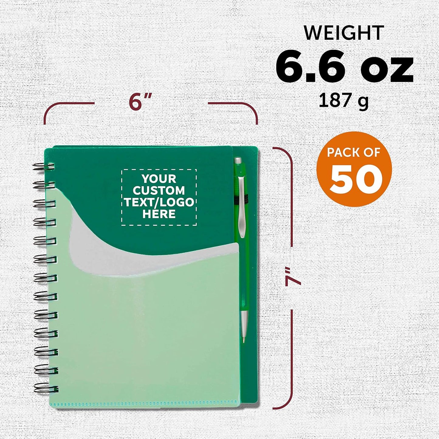 DISCOUNT PROMOS Custom Spiral Notebooks with Front Pocket Set of 50, Personalized Bulk Pack - Durable Plastic Cover, Includes Matching Pen in Blank Ink, Perfect for School, Office, Home - Green