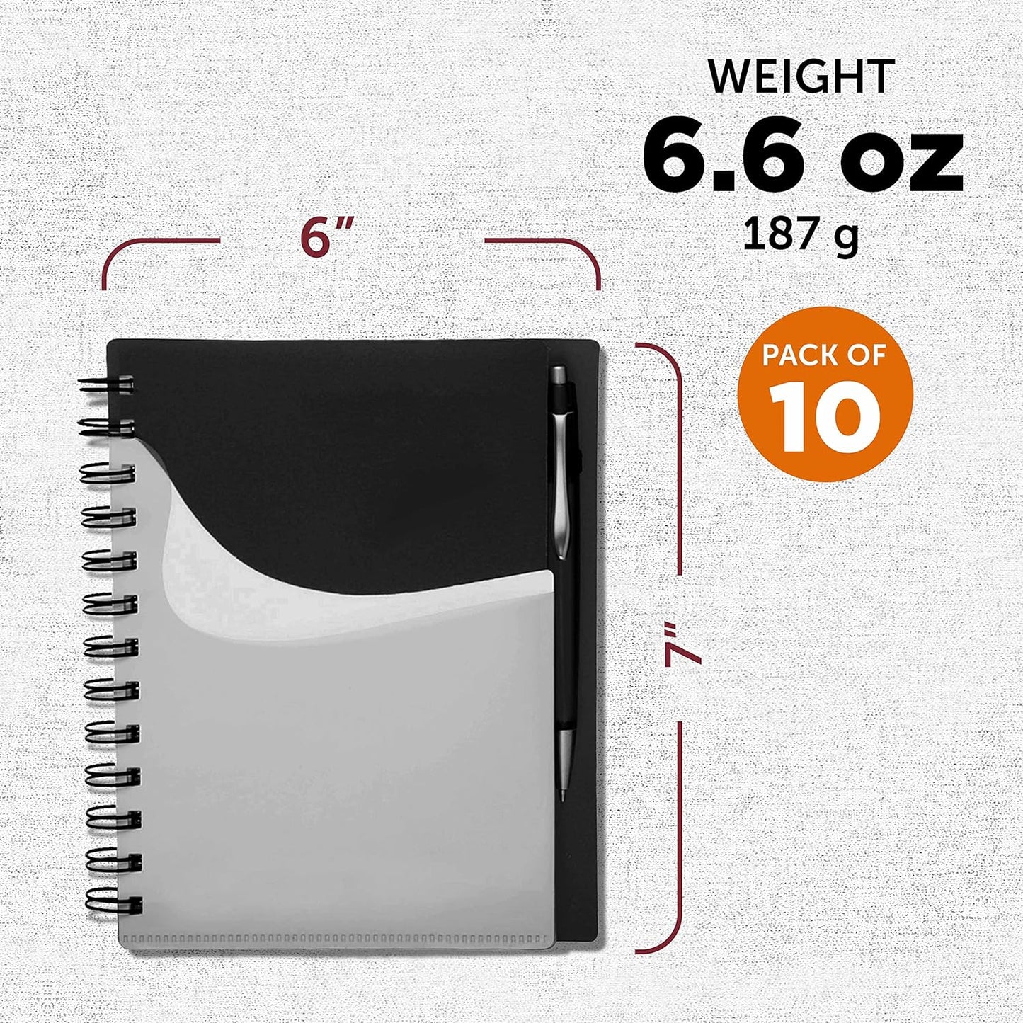 DISCOUNT PROMOS Spiral Notebooks with Front Pocket Set of 10, Bulk Pack - Durable Plastic Cover, Includes Matching Pen in Blank Ink, Perfect for School, Office, Home - Black
