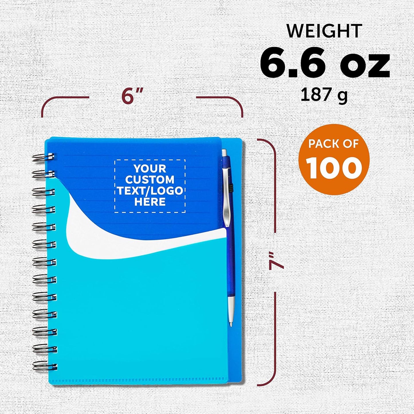 DISCOUNT PROMOS Custom Spiral Notebooks with Front Pocket Set of 100, Personalized Bulk Pack - Durable Plastic Cover, Includes Matching Pen in Blank Ink, Perfect for School, Office, Home - Blue