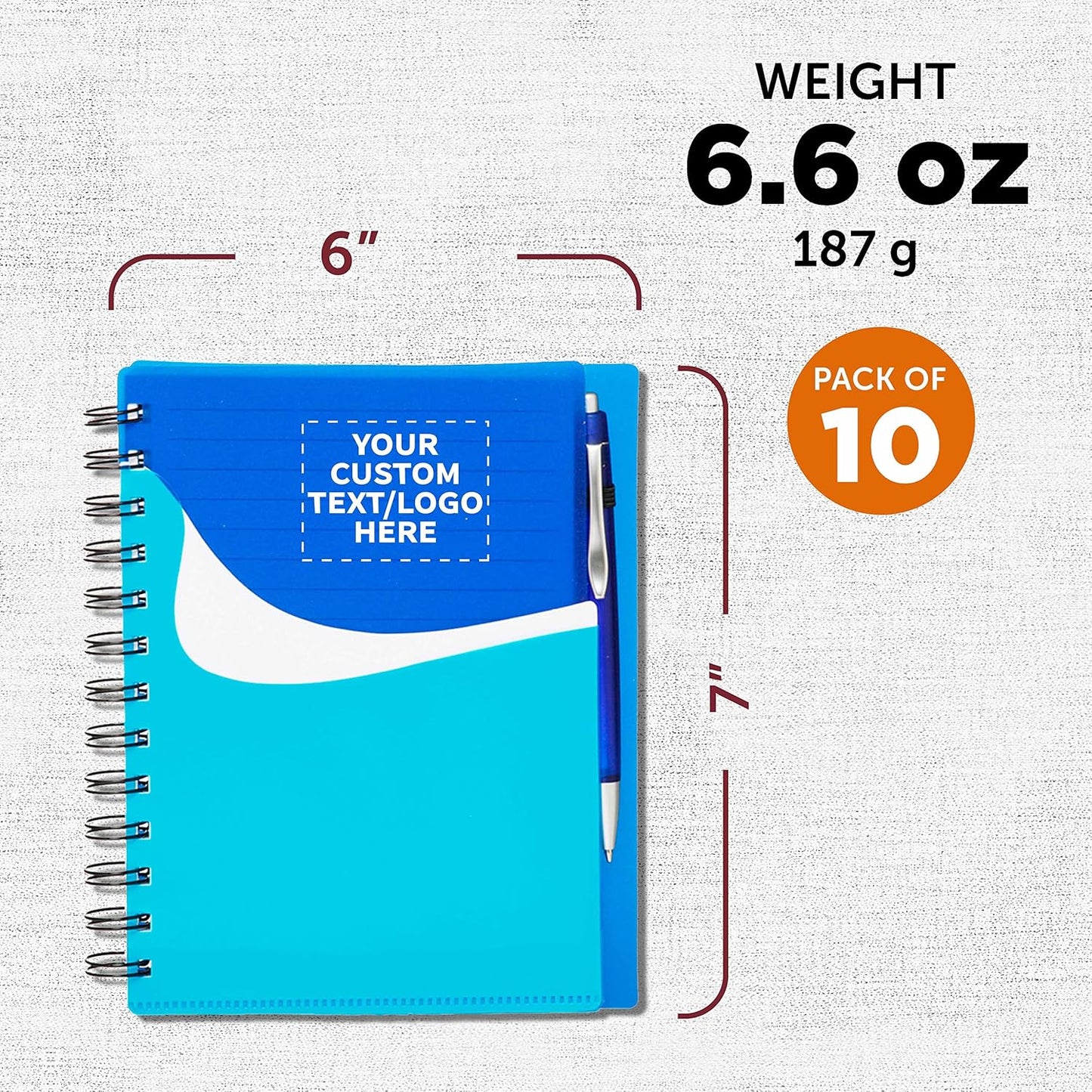 DISCOUNT PROMOS Custom Spiral Notebooks with Front Pocket Set of 10, Personalized Bulk Pack - Durable Plastic Cover, Includes Matching Pen in Blank Ink, Perfect for School, Office, Home - Blue