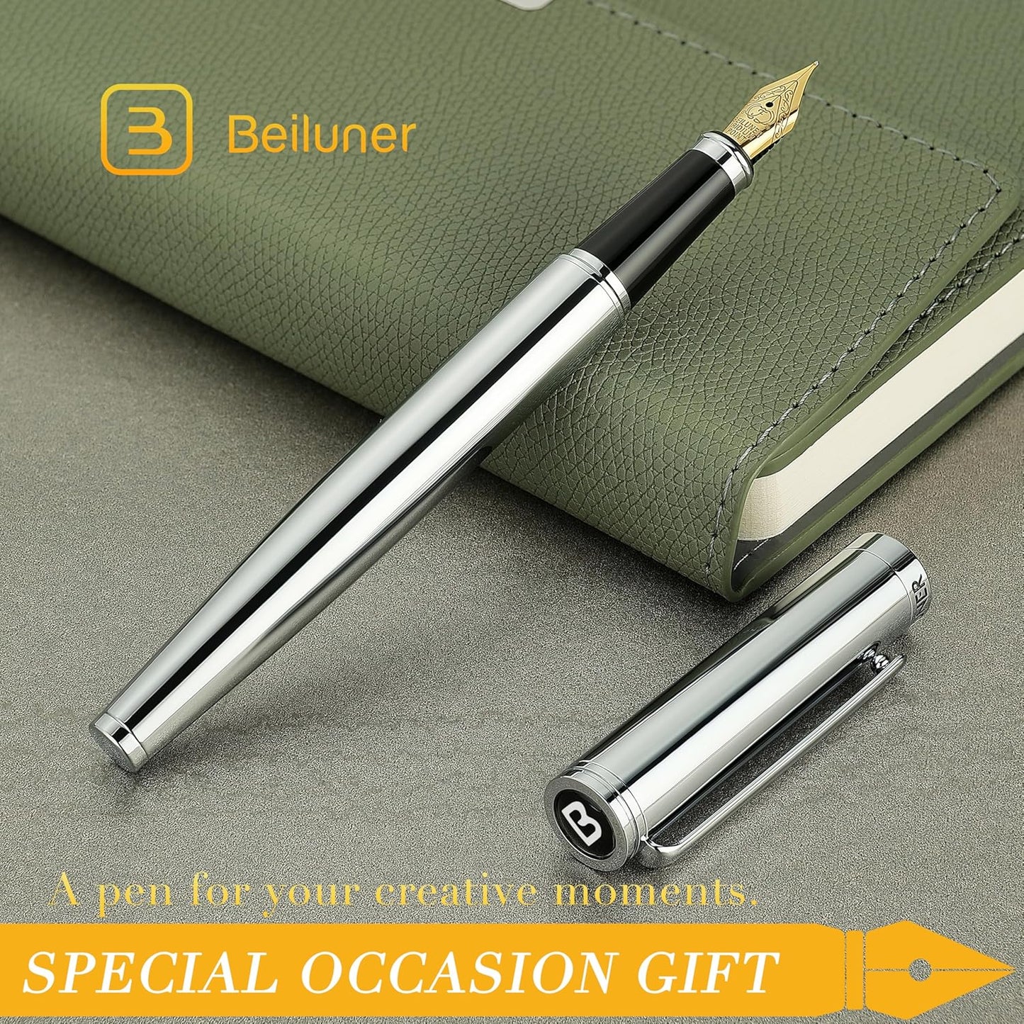 BEILUNER Silver Fountain Pen,Stunning Luxury Pens with Bright Silver Chrome, Gorgeous 24K Gilded Nib(Fine),Gift Pen Set for Men&Women -Ink Converter-Elegant, Professional, Nice Pen for Writing