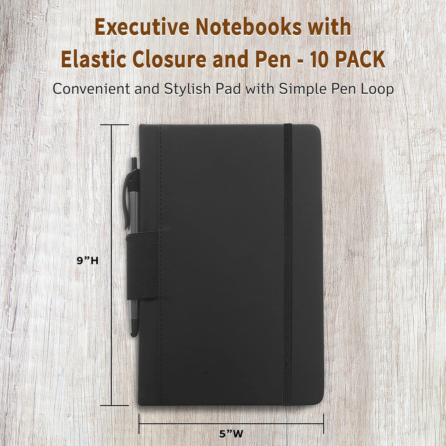 DISCOUNT PROMOS 10 Executive Notebooks with Pen Pack - 6 x 8.5 inches, Recycled, Pen Loop, Closure Strap - Black